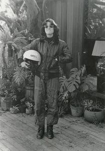 Astronaut Sally Ride poses in her classic leather bomber jacket in this undated photo. (Credit: Photo courtesy of Bear Ride)