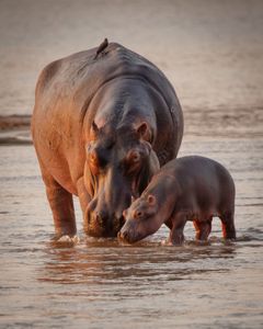 A parent and infant hippopotamus drinking water together from the shallows. (National Geographic/Doug Parker)