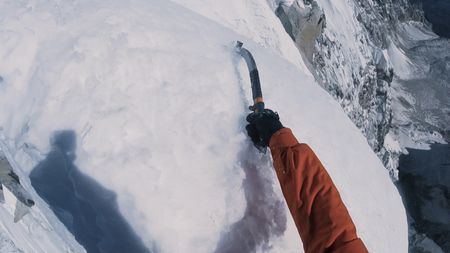 Point of view of David Lama high up as he climbs Lunag Ri, in the Himalayas.  (Mandatory credit: Red Bull Media House)