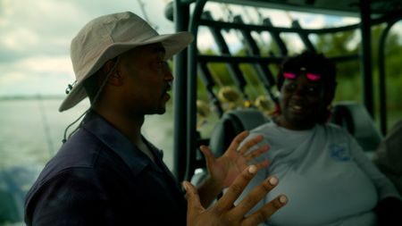 Anthony Mackie, left, and shark scientist Jasmin Graham. (National Geographic)