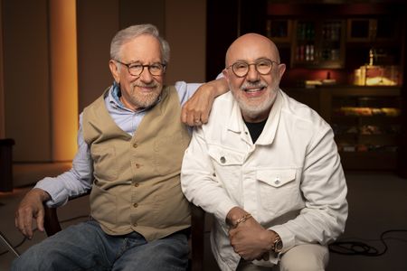 Steven Spielberg, Director of Jaws and Director Laurent Bouzereau are pictured during an interview for National Geographic's Jaws @ 50: The Definitive Inside Story. (National Geographic/Chris Johnson)