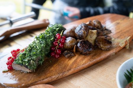 Iceland - Herb-crusted lamb backstrap with pan-fried potatoes and mushrooms. (Credit: National Geographic/Justin Mandel)