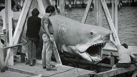 A crew examines the mechanical shark on the set of Jaws. (Photo by Edith Blake, courtesy of Martha's Vineyard Museum)