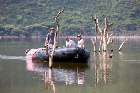 Boat Operator David Roberts, Drone Operator Adam Clarke, and Researcher Maia Sherwood-Rogers on a boat in Lake Bogoria. (National Geographic for Disney/Sally Thomson)