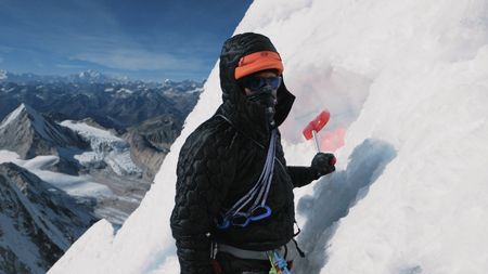 Point of view of David Lama as he talks to Conrad Anker about going back down as they are halfway through their ascent of Lunag Ri, in the Himalayas.  (Mandatory credit: Red Bull Media House)