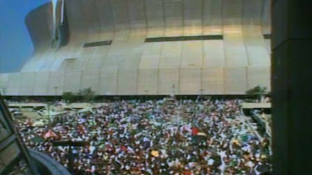 A crowd of stranded New Orleans residents are gathered outside of the Superdome following Hurricane Katrina in 2005. (ABC News)