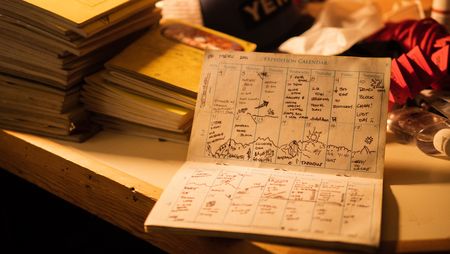 Conrad Anker's Meru climbing  journal contains his expedition calendar.   (National Geographic/Elena Gaby)