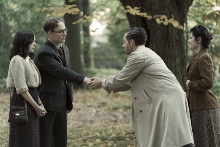 A SMALL LIGHT - Miep and Jan are thanked by Isaac and Maya for their help as seen in A SMALL LIGHT. (From left: Bel Powley as Miep Gies, Joe Cole as Jan Gies, Dylan Edwards as Isaac Schwarz, and Sarah T. Cohen as Maya Schwarz). (Credit: National Geographic for Disney/Dusan Martincek)