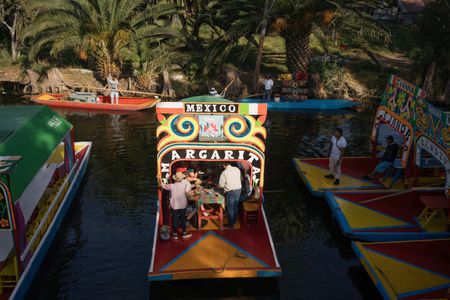 A  trajinera (boat) in the Xochimilco area of Mexico City adorned with an axolotl illustration. The Xochimilco canals are the home of the axolotl. (National Geographic/Karl Davies)