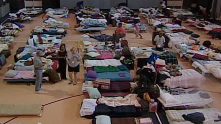 Stranded New Orleans residents gather in a shelter during Hurricane Katrina. (KTVT-TV)