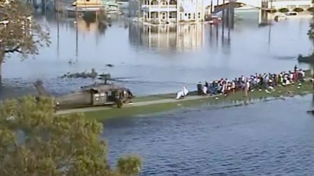 A military helicopter arrives to rescue stranded New Orleans residents in the aftermath of Hurricane Katrina in 2005. (John Keller)