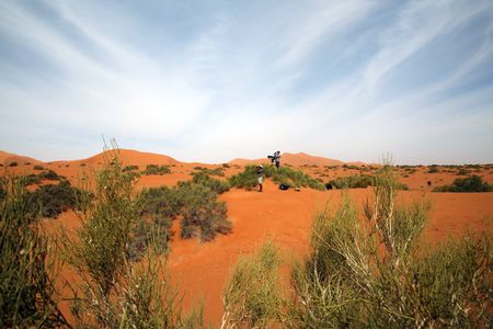 James Hanson and Lindsay McCrae search for swallows in the Moroccan desert. (National Geographic for Disney/Jonjo Harrington)