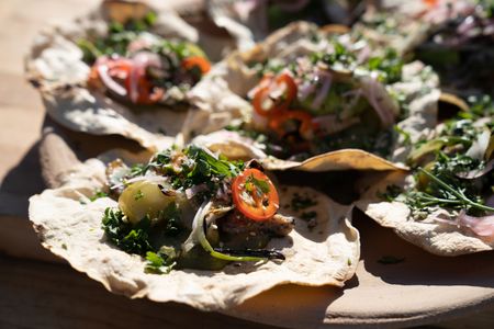 Mexico - Shrimp Mole Verde Tostadas with quick pickled onions and chiles. (Credit: National Geographic/Justin Mandel)